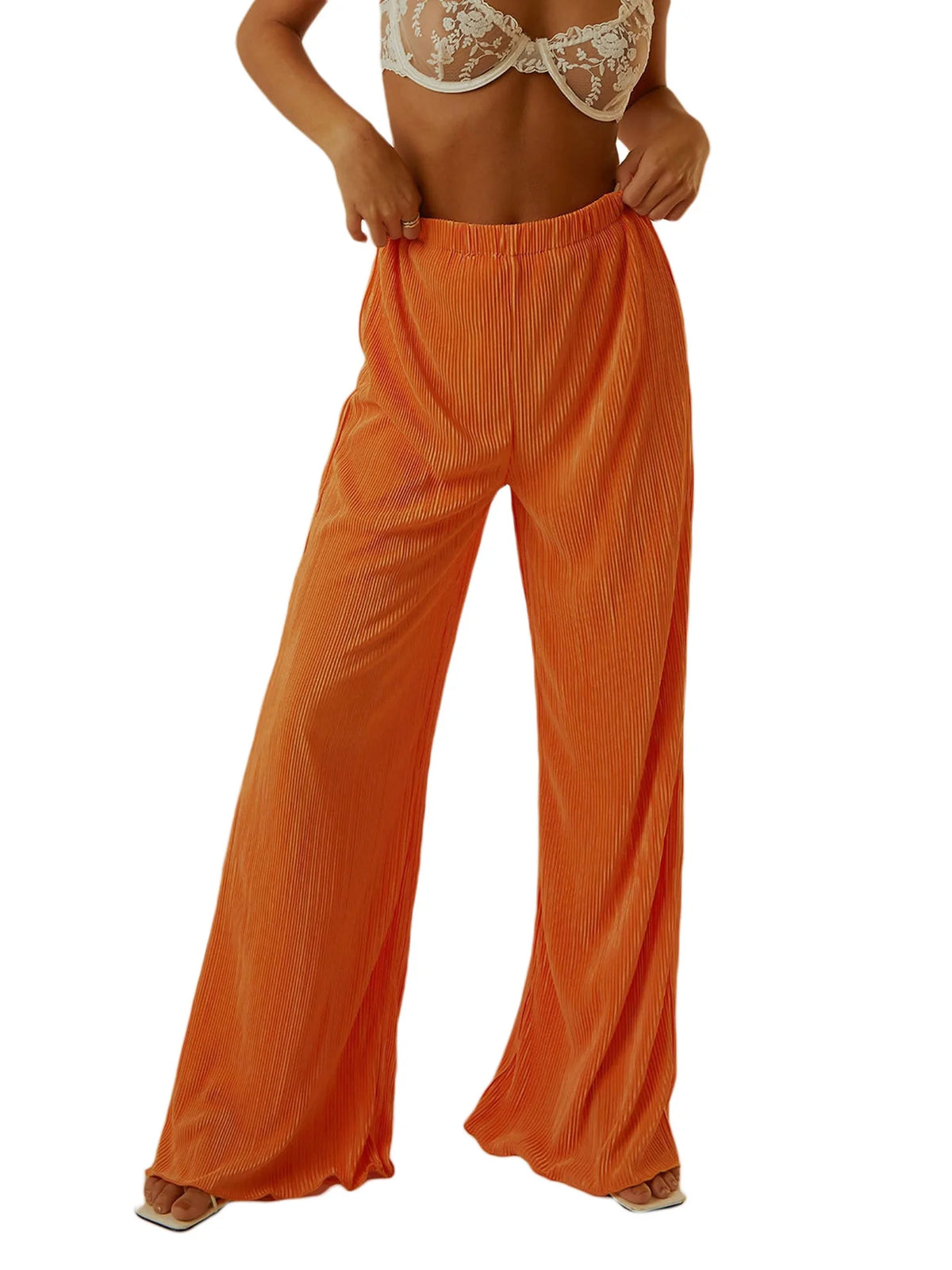 Women Casual Solid Colour Loose Fit Elasticated Waist Long Trouser with Pockets W947019