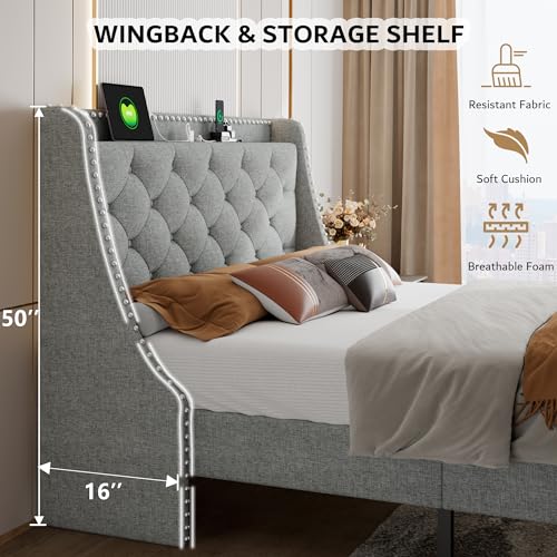 Beige Upholstered Full Bed Frame with USB Ports R97275