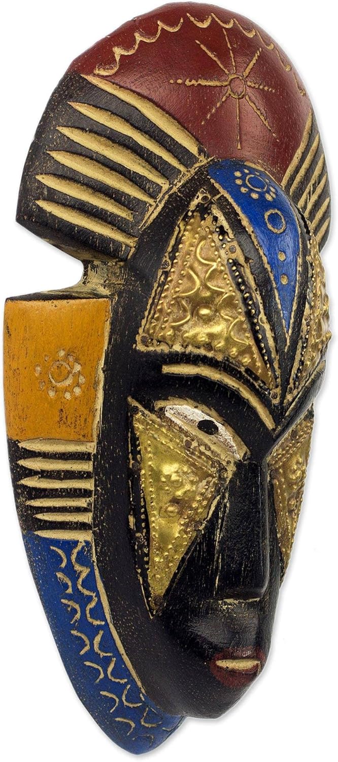 Painted Red and Blue Hand Carved Wood Wall Mask F905
