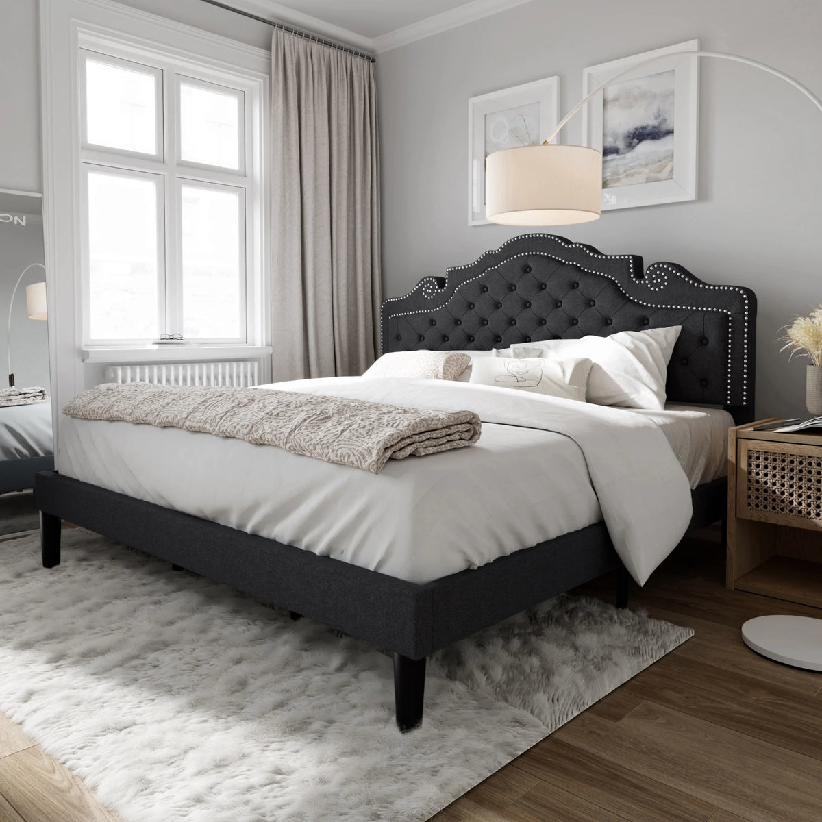 Queen Size Upholstered Platform Bed Frame with Adjustable Headboard, Black Q737