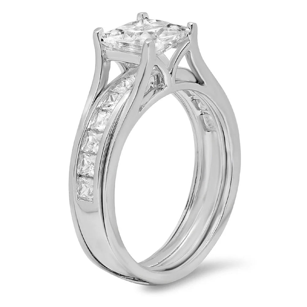 18K White Gold Princess Cut Diamond Bridal Set Ring size 3.5 E688072