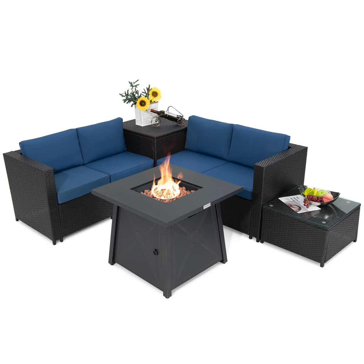 5-Piece PE Wicker Patio Furniture Set with Fire Pit Table O322