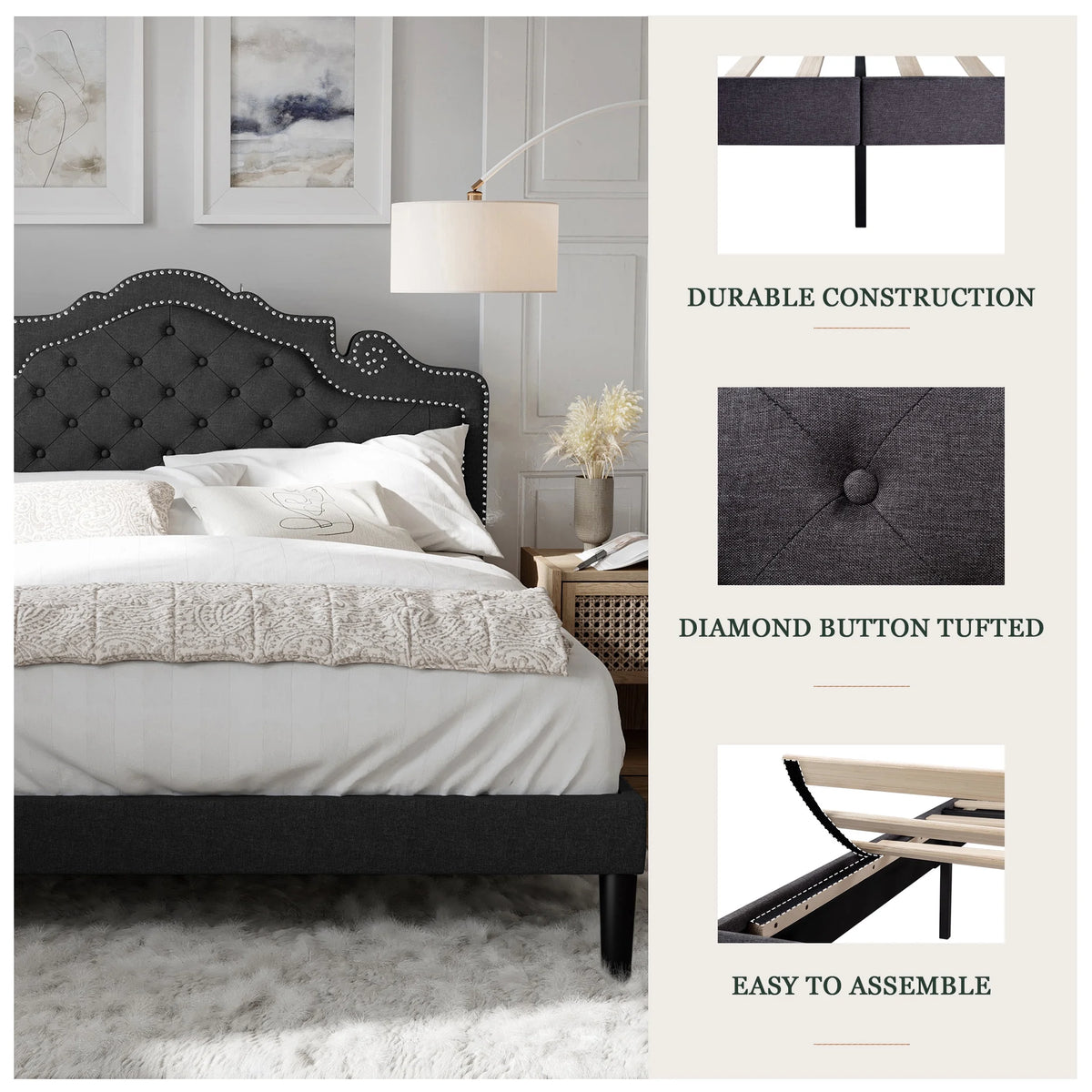 Queen Size Upholstered Platform Bed Frame with Adjustable Headboard, Black Q737