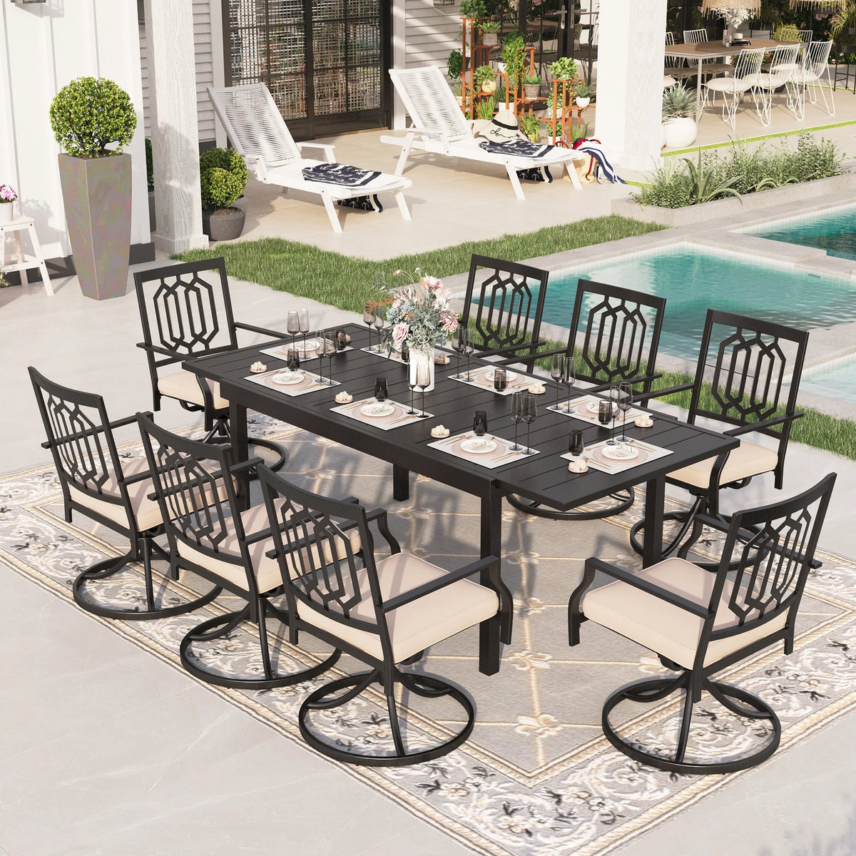 8 Pcs Outdoor Patio Dining Set Swivel Chairs and Extendable Table F29647