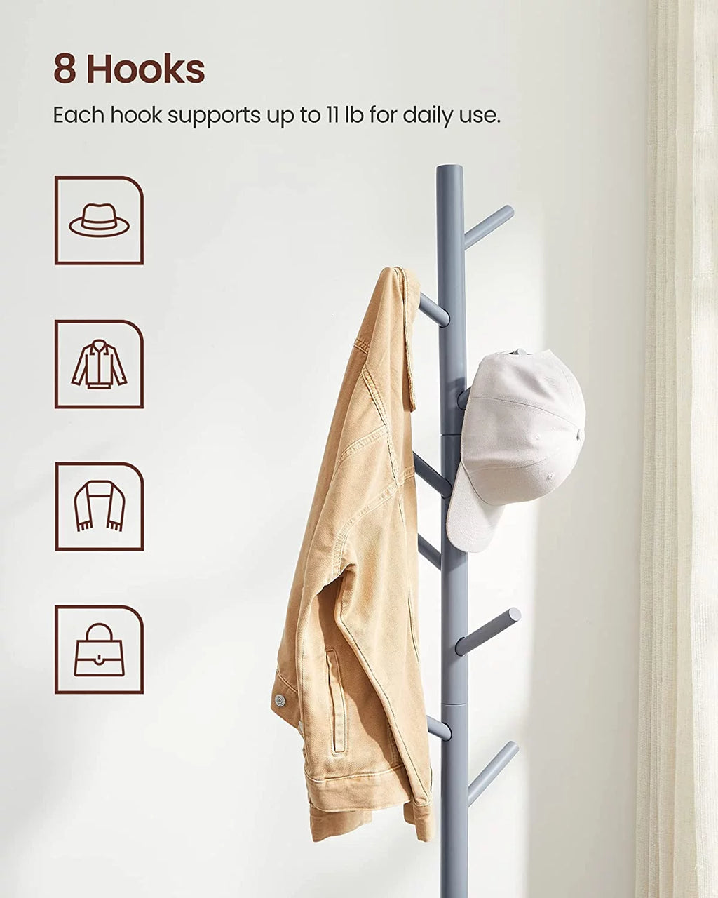 Solid Wood Free Standing Coat Rack with 8 Hooks A726206