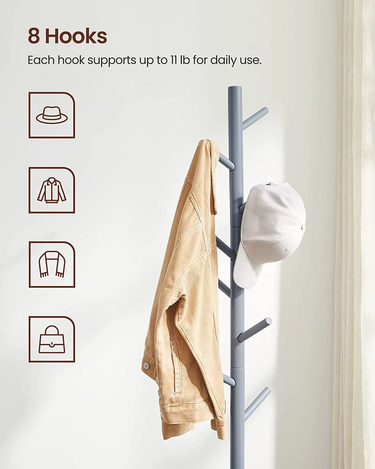 Solid Wood Free Standing Coat Rack with 8 Hooks A726206