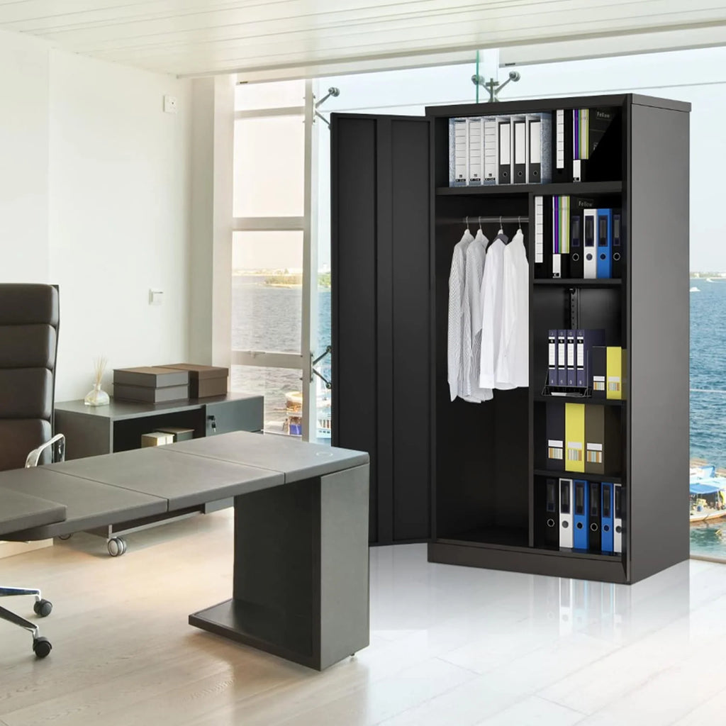 Metal Cabinets Locker with Locking Door 72'' Steel Wardrobe Cabinet with Lock and Shelves (Black) O9526