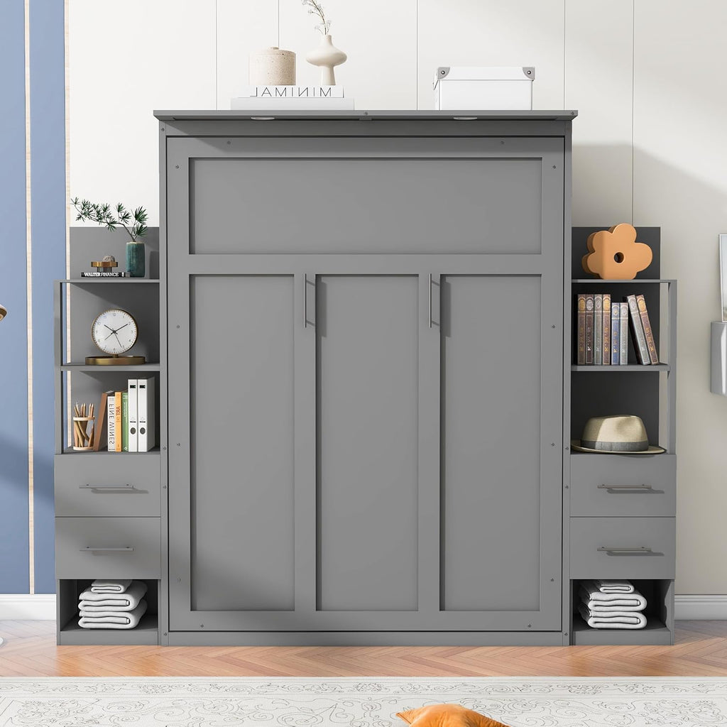 Queen Size Murphy Bed with Double Drawers and Open Storage Shelves, Grey E499704