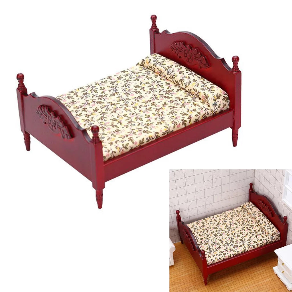 Miniature Birch Wood Double Bed 1:12 Scale Doll House Furniture P10337