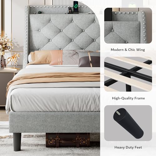 Beige Upholstered Full Bed Frame with USB Ports R97275