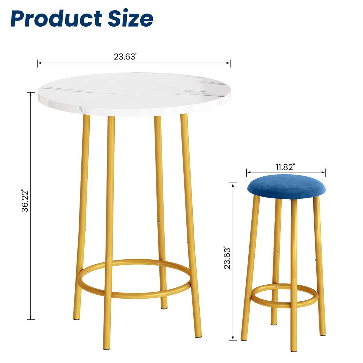 White Blue Velvet Bar Table Set with 2 Stools G2749