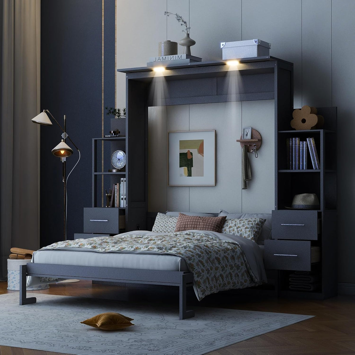 Queen Size Murphy Bed with Double Drawers and Open Storage Shelves, Grey E499704