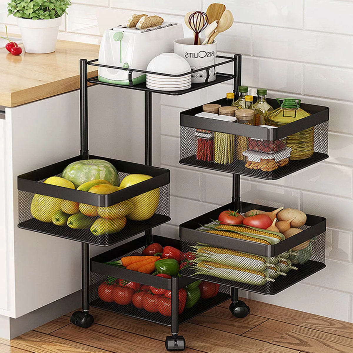 4-Tier Rotating Metal Storage Basket with Wheels V61672