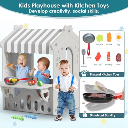 Kids Playhouse with Pretend Play Kitchen Toys Set Beige Gray Z82273