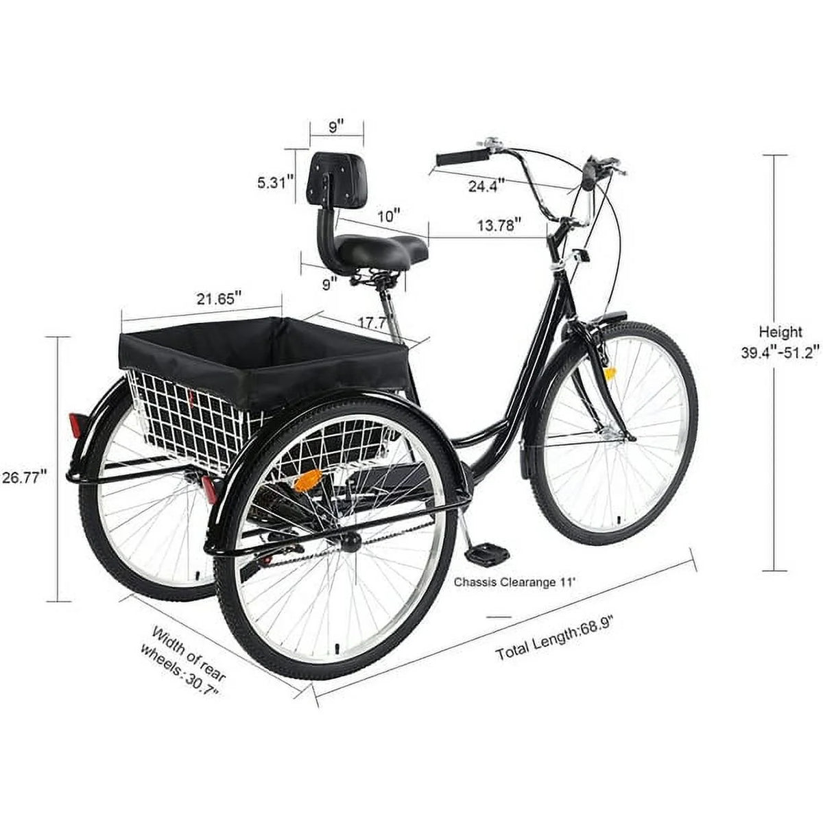 26 Inch 7-Speed 3-Wheel Bike (Black) Q522