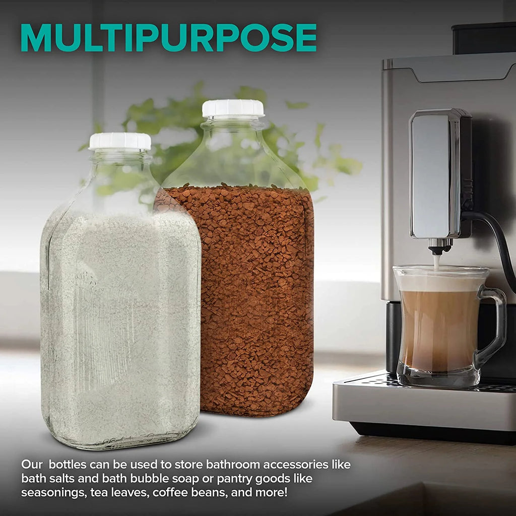 64-Oz Glass Milk Bottles with 3 White Caps, Dishwasher Safe K386737