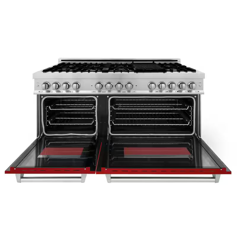 9-Burner Double Oven Dual Fuel Range with Red Gloss Door T1447