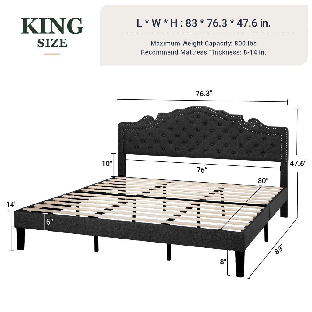 Queen Size Upholstered Platform Bed Frame with Adjustable Headboard, Black Q737