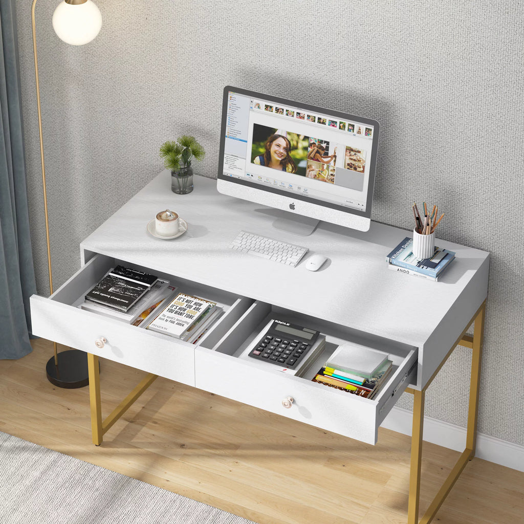 47 inch White and Gold Computer Desk with 2 Storage Drawers W6643