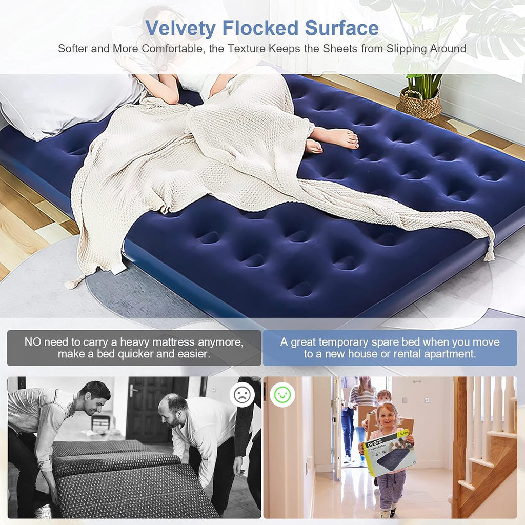 Queen Camping Air Mattress Inflatable Air Bed with Flocked Top Foldable U364394