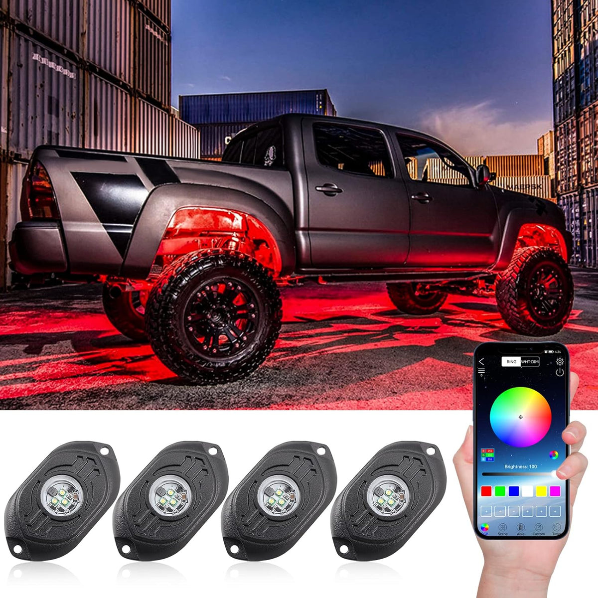RGB LED Rock Lights 4 Pods Car Neon Underglow Kit Wheel Well Light Multicolor Waterproof Pack of 2 O988