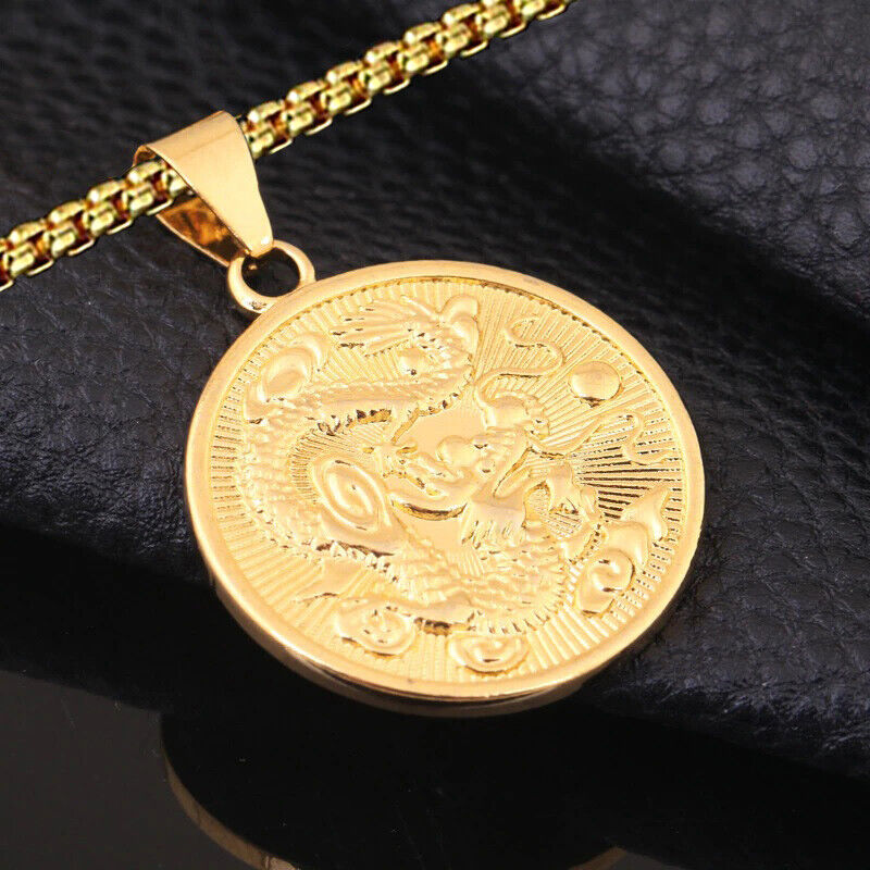 18k Gold 24" Chain Link Necklace And Dragon Filled Pendant S98624