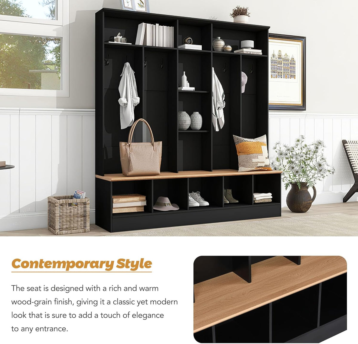 Black Hall Tree with Storage Bench and 8 Hooks R737781