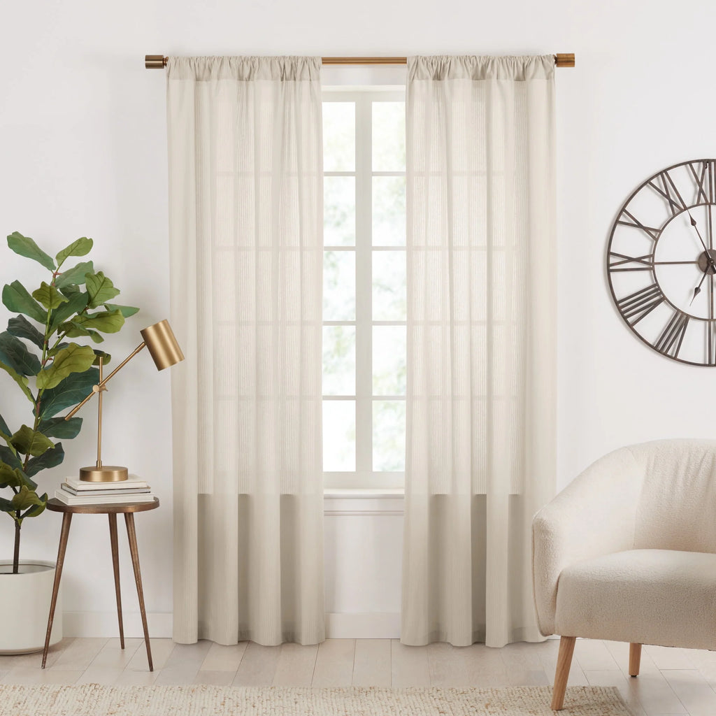 Semi-Sheer Stripe Organic Cotton Window Curtain Pair White 84 Q54792