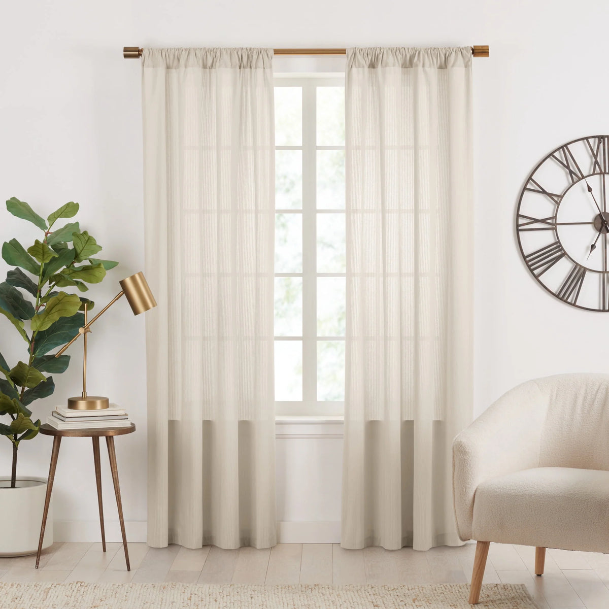 Semi-Sheer Stripe Organic Cotton Window Curtain Pair White 84 Q54792