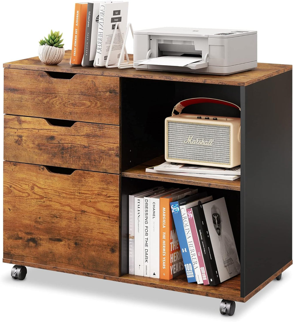 White 3-Drawer Mobile Wood File Cabinet with Open Storage Shelves N7868