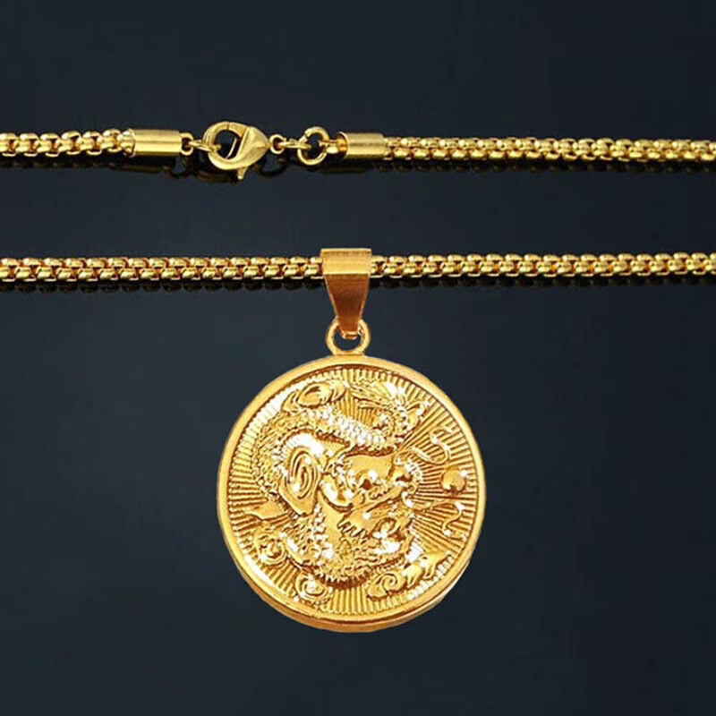 18k Gold 24" Chain Link Necklace And Dragon Filled Pendant S98624