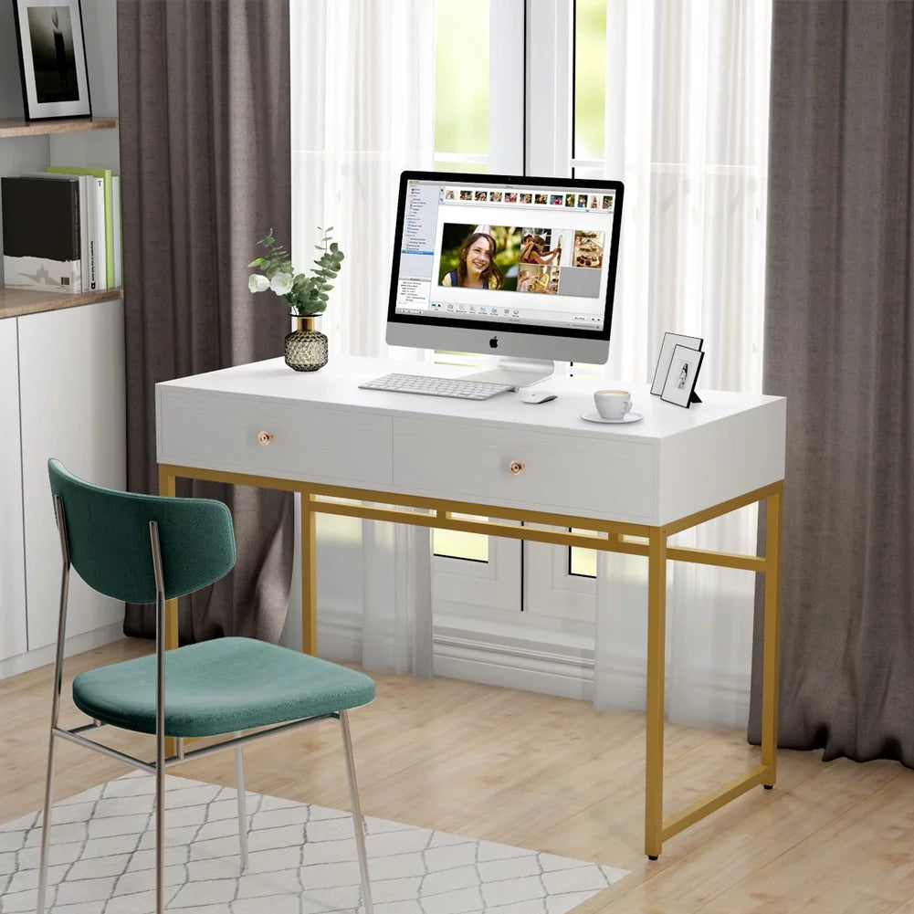 47 inch White and Gold Computer Desk with 2 Storage Drawers W6643