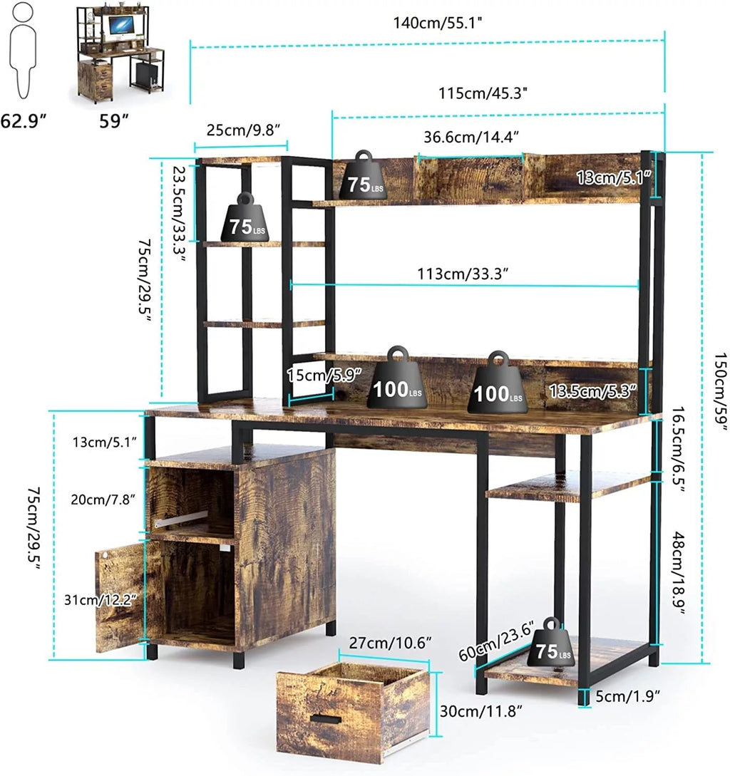 55" Computer Desk with Hutch and Storage Shelf A137344
