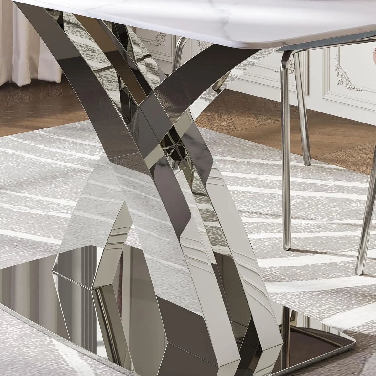 White Sintered Stone Dining Table for 6 with Stainless Steel Base H45335