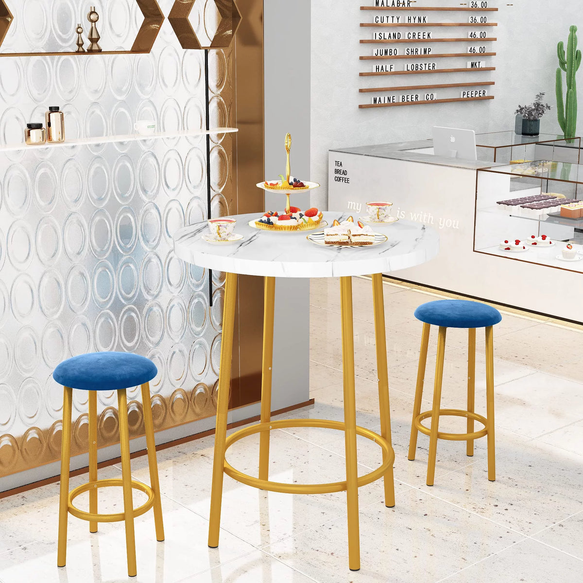White Blue Velvet Bar Table Set with 2 Stools G2749