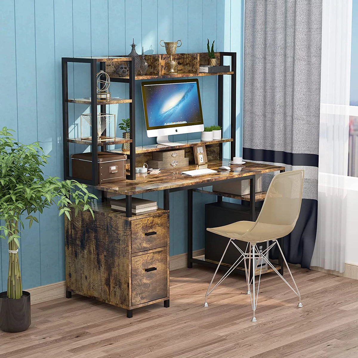 55" Computer Desk with Hutch and Storage Shelf A137344