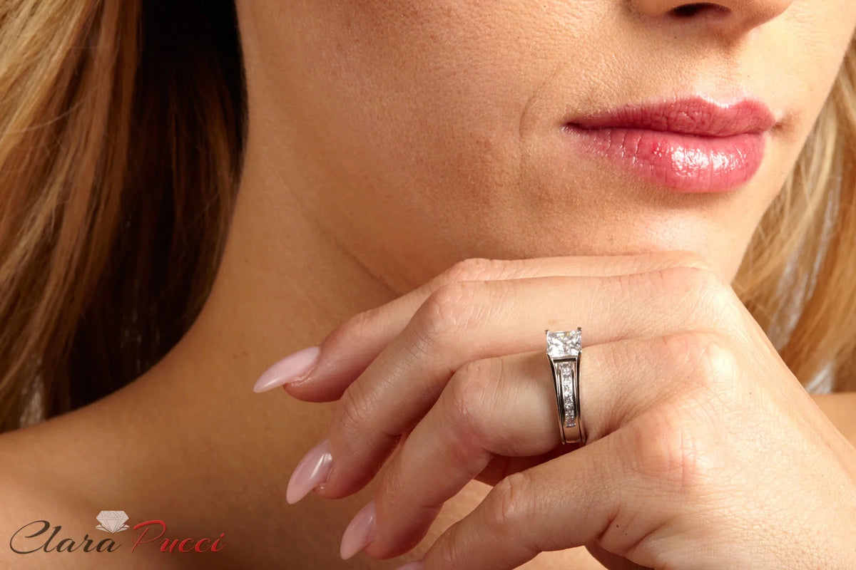 18K White Gold Princess Cut Diamond Bridal Set Ring size 3.5 E688072