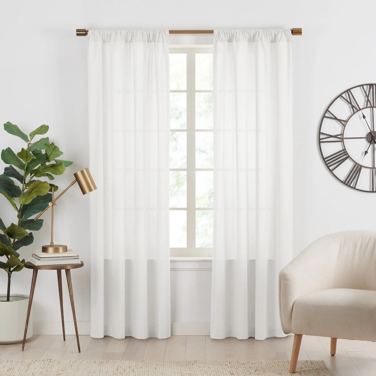 Semi-Sheer Stripe Organic Cotton Window Curtain Pair White 84 Q54792