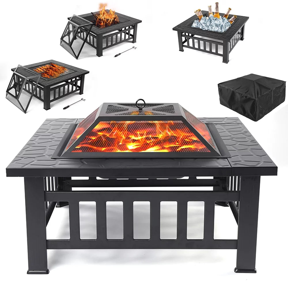 32 Square Iron Wood Burning Fire Pit with BBQ Net E3374