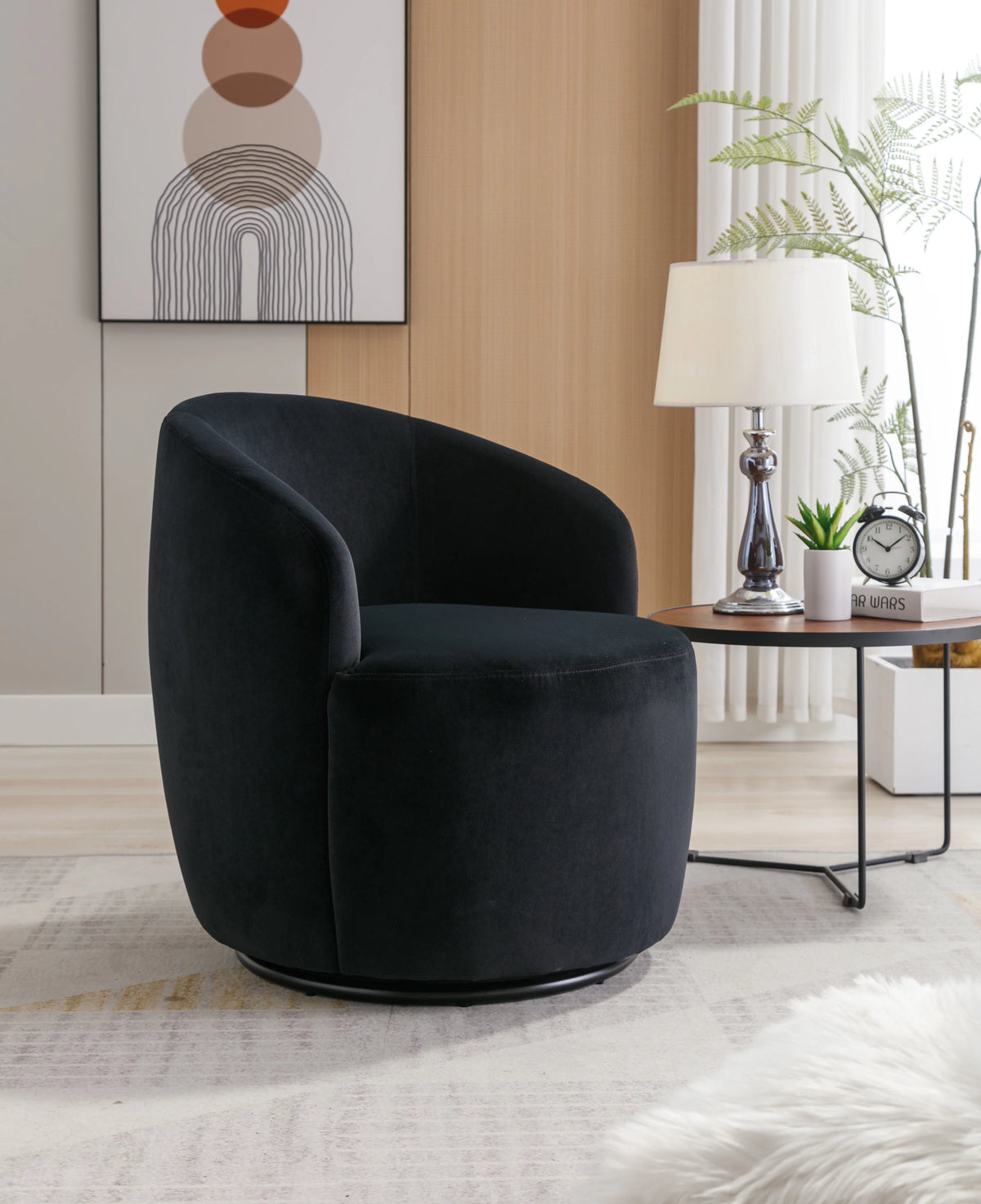 Velvet Fabric Swivel Accent Armchair with Black Metal Ring W740228