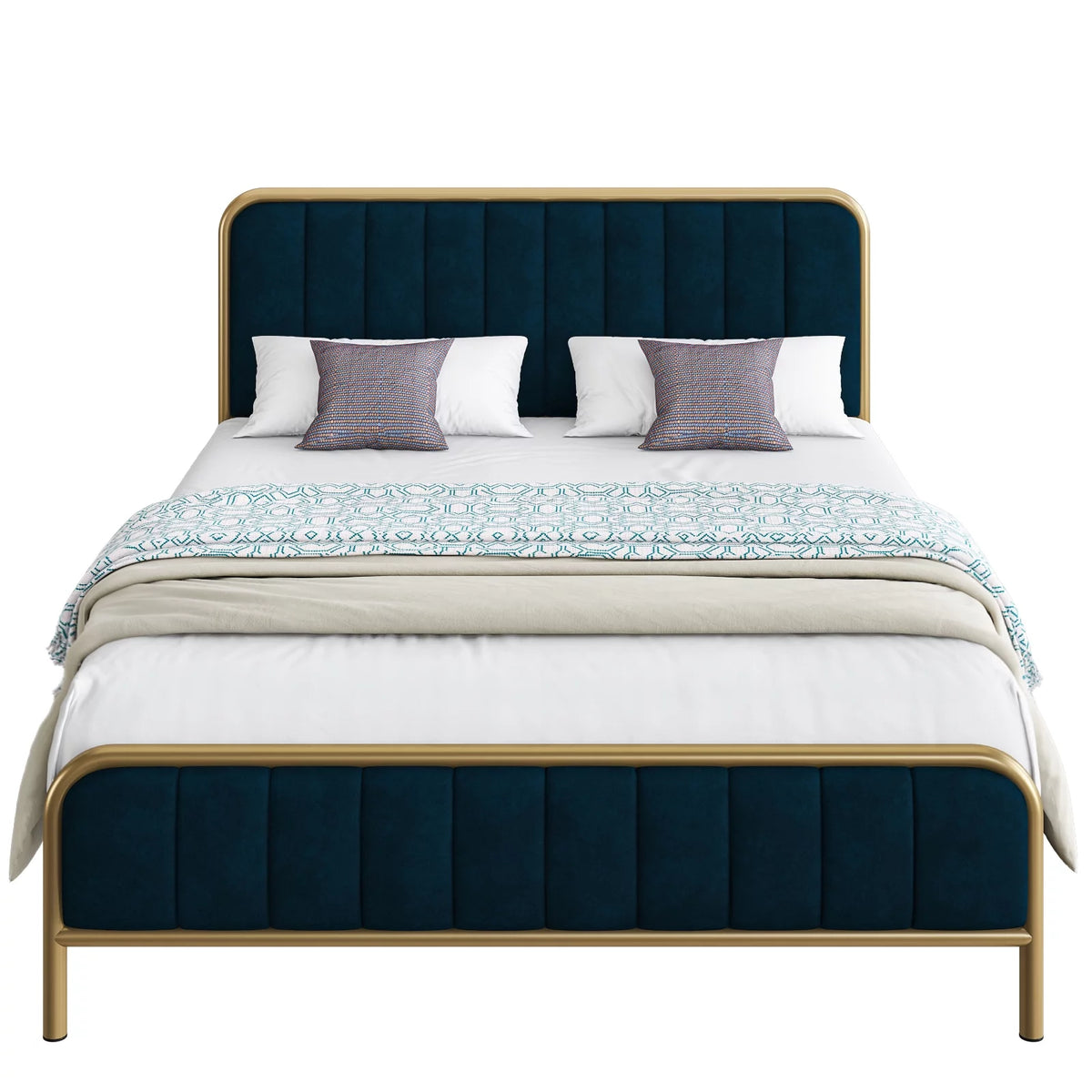 Queen Size Metal Bed Frame with Upholstered Headboard V7509