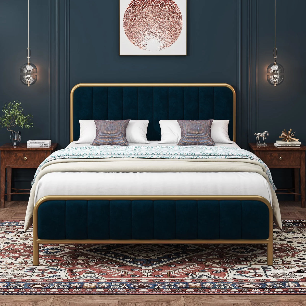 Queen Size Metal Bed Frame with Upholstered Headboard V7509