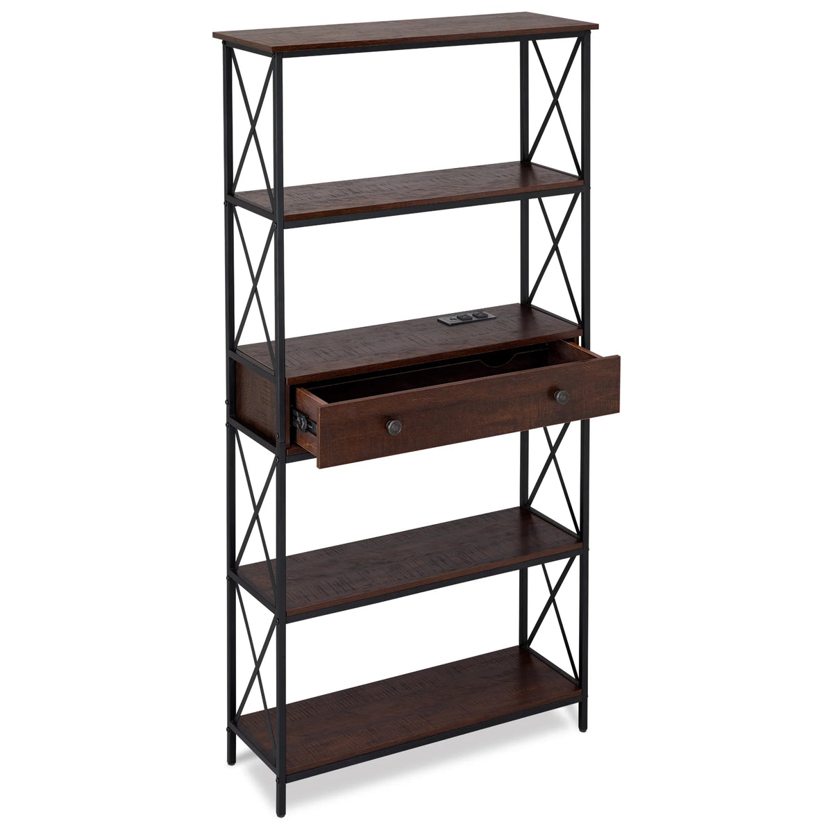 5 Shelf Bookcase with USB, AC Power Outlets and Drawer, Walnut T48641