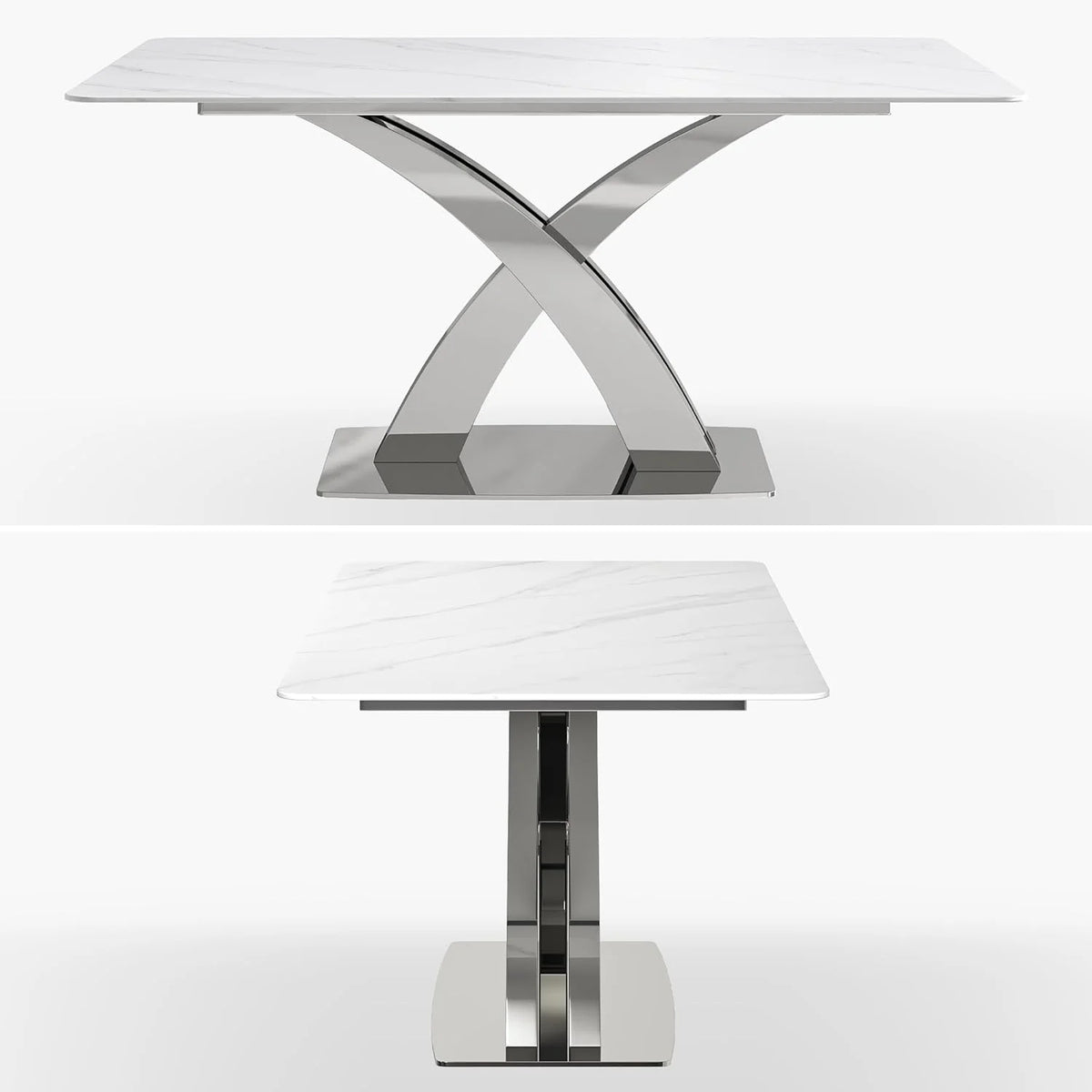 White Sintered Stone Dining Table for 6 with Stainless Steel Base H45335