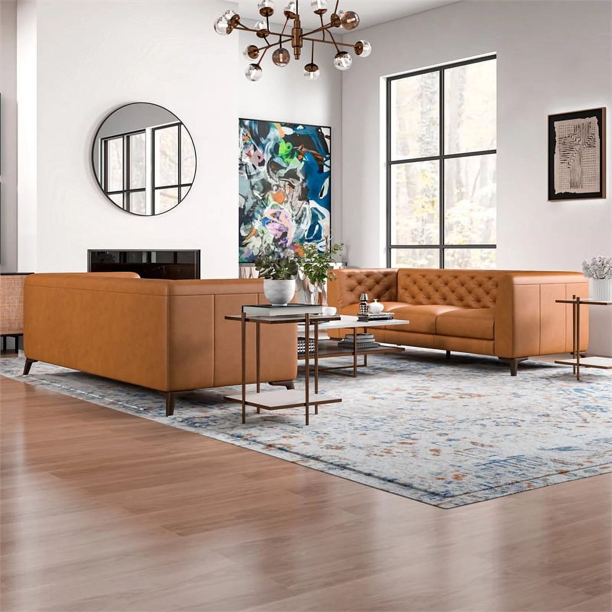 Mid-Century Tan Leather Sofa Set S745