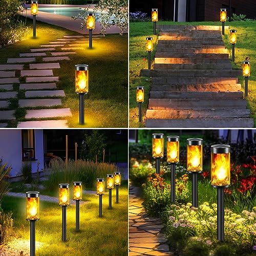 8 Packs Solar Torches with Flickering Flame Waterproof Transparent LED Solar Pathway Lights B430
