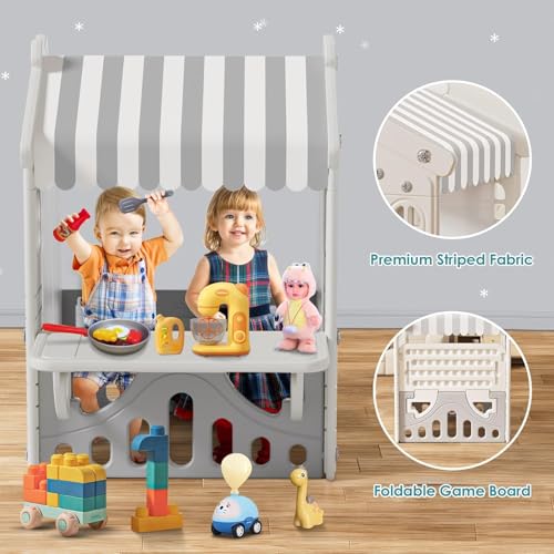 Kids Playhouse with Pretend Play Kitchen Toys Set Beige Gray Z82273