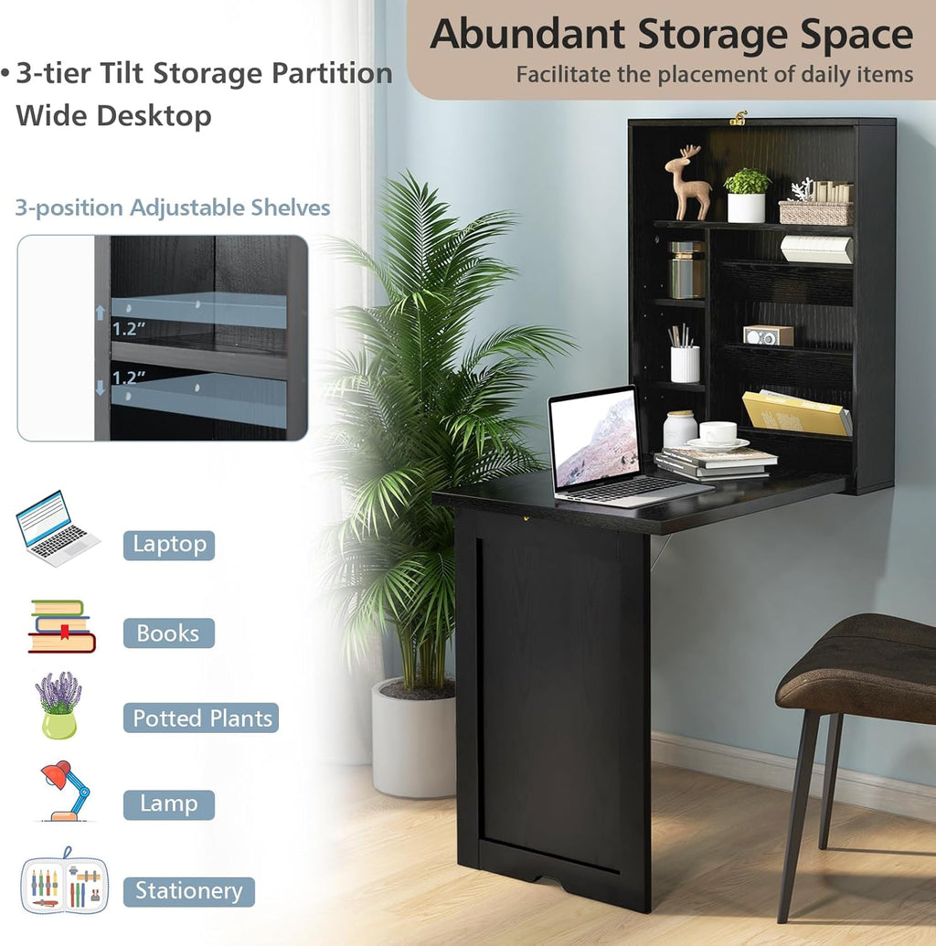 Black Wall Mounted Desk with Storage Shelves O164