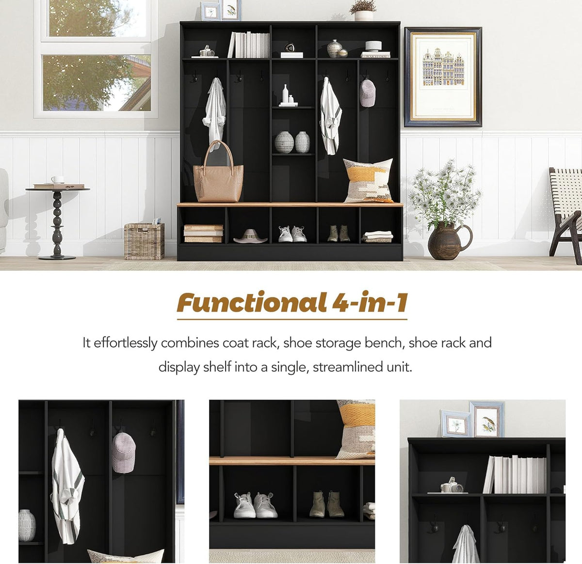 Black Hall Tree with Storage Bench and 8 Hooks R737781