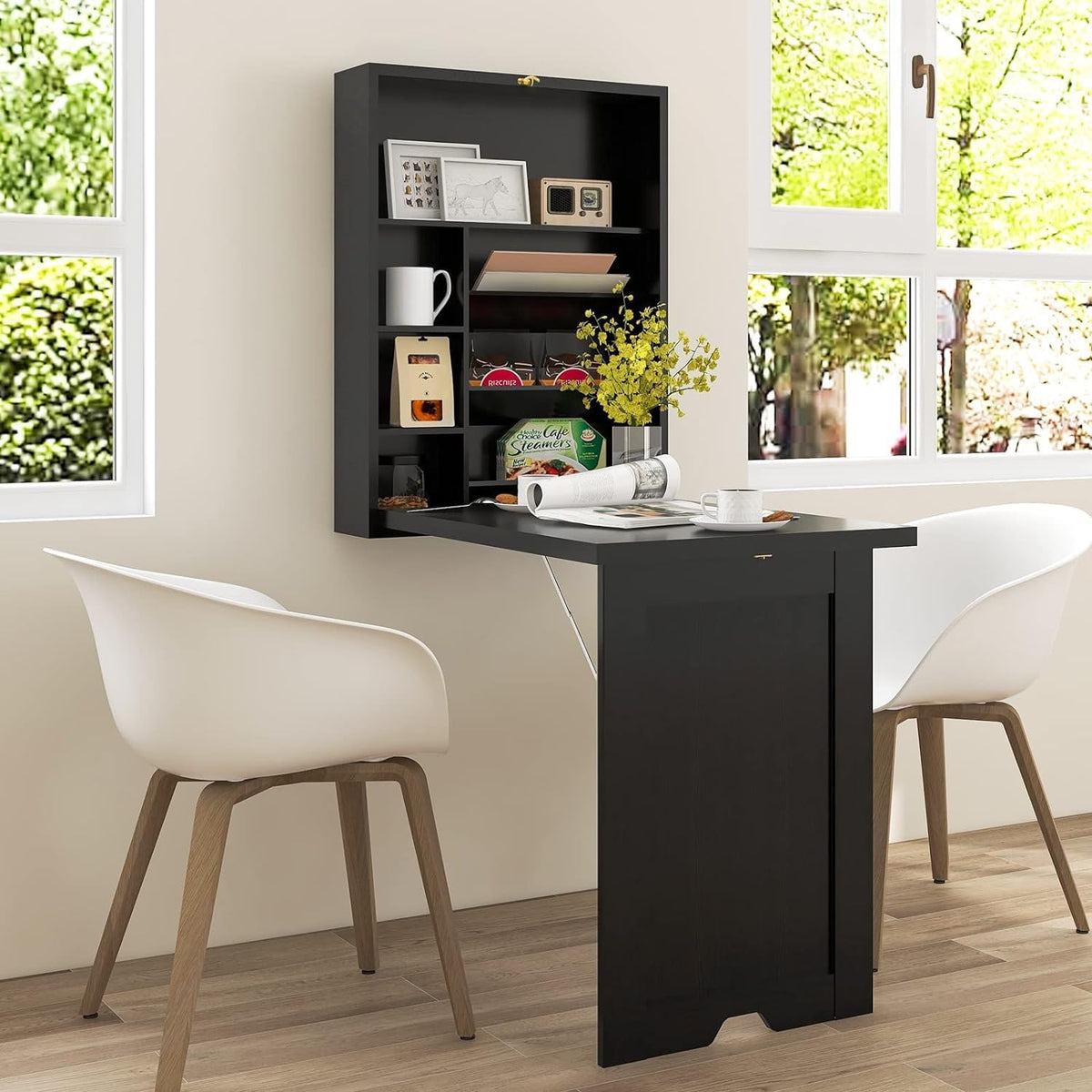 Black Wall Mounted Desk with Storage Shelves O164